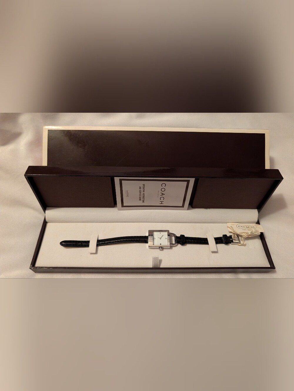 Coach Padlock Watch 22mm Square  Wrap Leather Band New Battery Black NWT